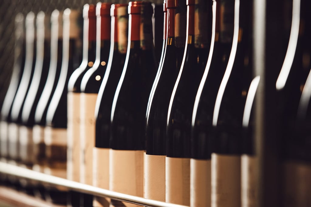 Wine rack with many bottles of red wine in the Italian restaurant, Al Porto.